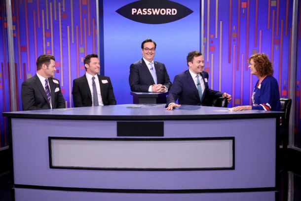THE TONIGHT SHOW STARRING JIMMY FALLON -- Episode 0265 -- Pictured: (l-r) Actor Nick Offerman, actor Hugh Jackman, announcer Steve Higgins, host Jimmy Fallon and actress Susan Sarandon play Password on May 18, 2015 -- (Photo by: Douglas Gorenstein/NBC)