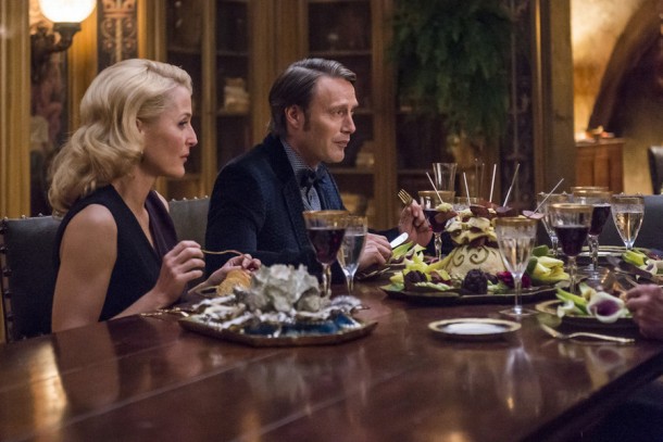 HANNIBAL -- "Secondo" Episode 303 -- Pictured: (l-r) Gillian Anderson as Bedelia Du Maurier, Mads Mikkelsen as Hannibal Lecter -- (Photo by: Brooke Palmer/NBC)