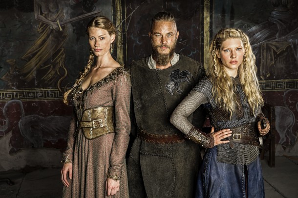 L to R_ Princess Aslaug (Alyssa Sutherland), Ragnar Lothbrok (Travis Fimmel) and Lagertha (Katheryn Winnick)