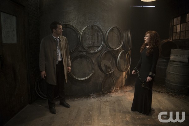Supernatural -- "Dark Dynasty" -- Image SN1023B_0383 -- Pictured (L-R): Misha Collins as Castiel and Ruth Connell as Rowena -- Photo: Katie Yu/The CW -- ÃÂ© 2015 The CW Network, LLC. All Rights Reserved.