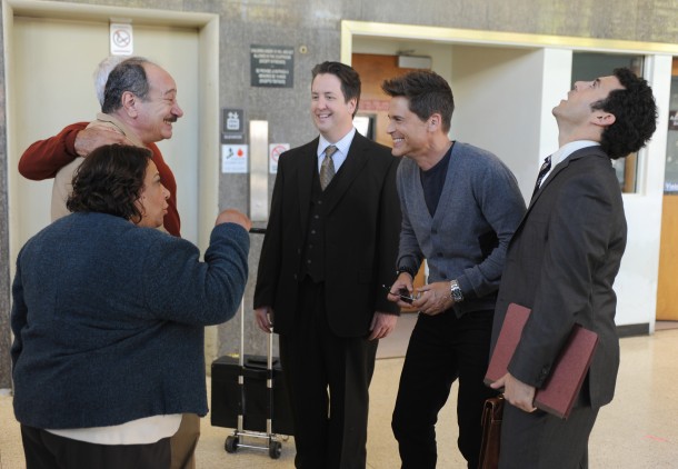 THE GRINDER:  Guest star Tonita Castro, guest star Juan Carlos Cantu, guest star Steve Little, Rob Lowe and Fred Savage in the series premiere episode of THE GRINDER airing Tuesday, Sept. 29 (8:30-9:00 PM ET/PT) on FOX.  ©2015 Fox Broadcasting Co.  Cr:  Ray Mickshaw/FOX.