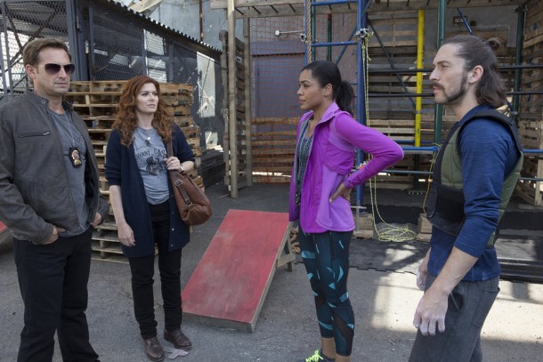 THE MYSTERIES OF LAURA -- "The Mystery of the Dead Heat" Episode 206 -- Pictured: (l-r) Josh Lucas as Jake Broderick, Debra Messing as Laura Diamond, Jesmille Darbouze as Julie McKenna, Isaac Caldiero as Connor McKenna -- (Photo by: Paul Sarkis/NBC)