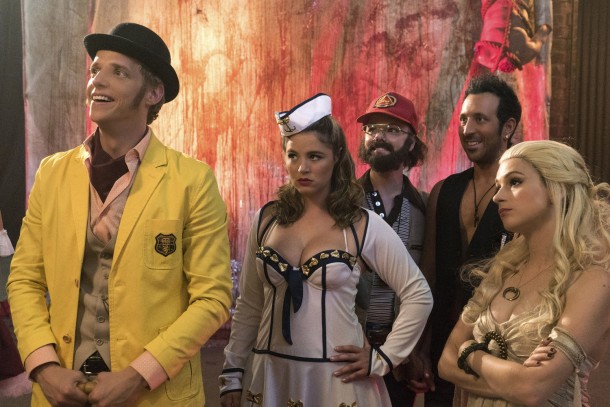 YOU'RE THE WORST -- "Spooky Sunday Funday" -- Episode 208 (Airs Wednesday, October 28, 10:30 pm e/p) Pictured: (l-r) Chris Geere as Jimmy, Kether Donohue as Lindsay, Collette Wolfe as Dorothy, Desmin Borges as Edgar, Aya Cash as Gretchen. CR: Byron Cohen/FX
