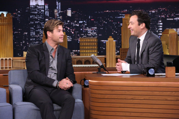 THE TONIGHT SHOW STARRING JIMMY FALLON -- Episode 0385 -- Pictured: (l-r) Actor Chris Hemsworth during an interview with host Jimmy Fallon on December 10, 2015 -- (Photo by: Douglas Gorenstein/NBC)