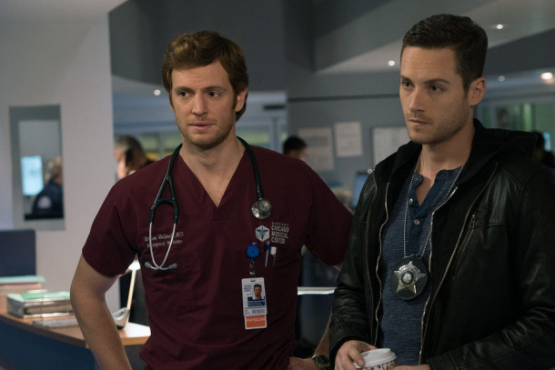 CHICAGO MED -- "Saints" Episode 107 -- Pictured: (l-r) Nick Gehlfuss as Dr. Will Halstead, Jesse Lee Soffer as Jay Halstead -- (Photo by: Elizabeth Sisson/NBC)